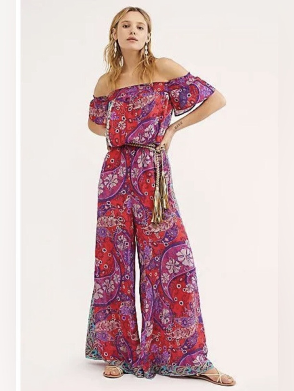 Free People Carmen Red & Purple Off-Shoulder Floral Paisley Jumpsuit XS
